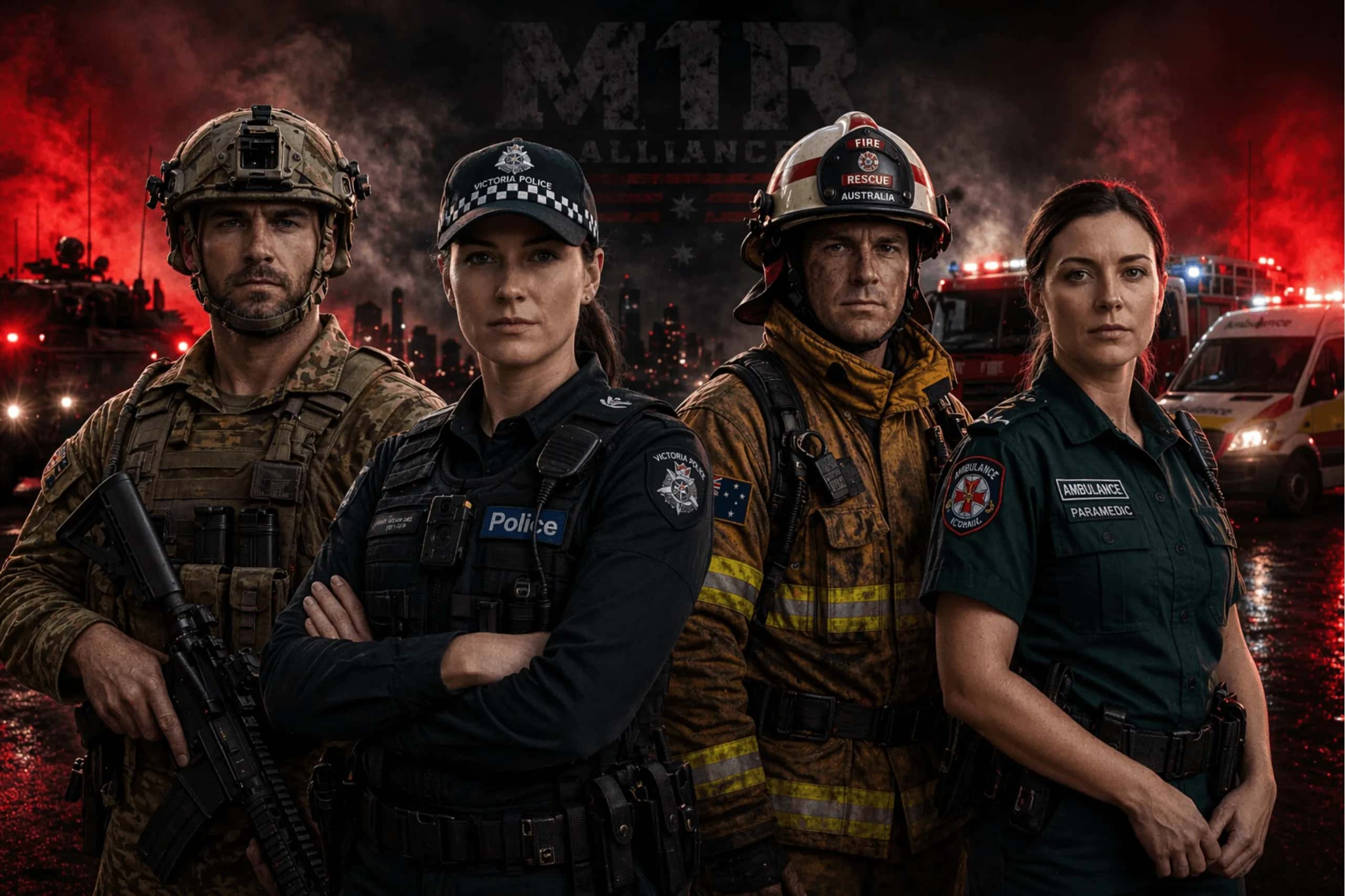 Australian veterans and first responders standing together — soldier, police officer, firefighter and paramedic